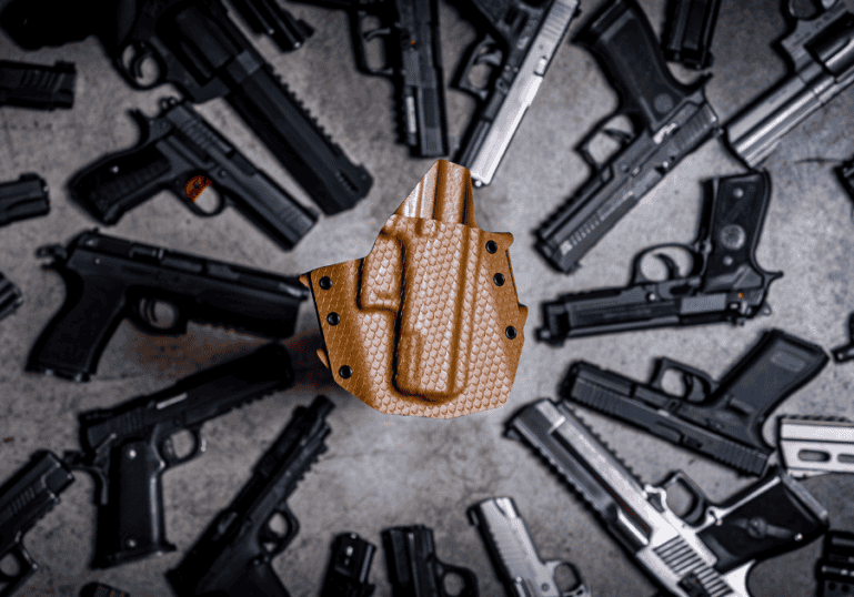 A brown Ronin OWB Holster with a textured print surrounded by different firearms.